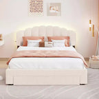 Letto a piattaforma Queen Size imbottito in pile Teddy con cassetto portaoggetti – Beige