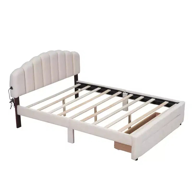 Letto a piattaforma Queen Size imbottito in pile Teddy con cassetto portaoggetti – Beige