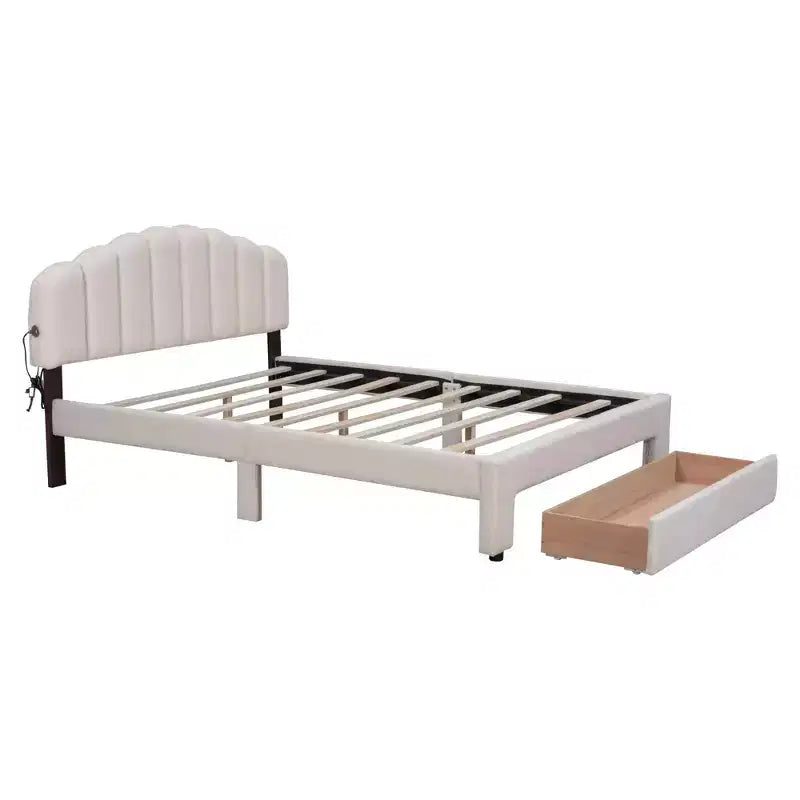 Letto a piattaforma Queen Size imbottito in pile Teddy con cassetto portaoggetti – Beige