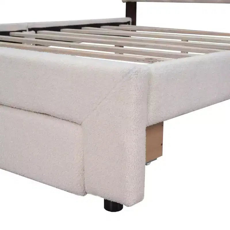 Letto a piattaforma Queen Size imbottito in pile Teddy con cassetto portaoggetti – Beige