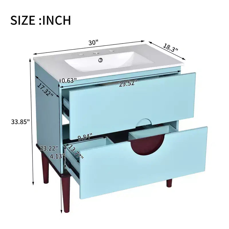 Mobile Bagno 75 cm con Lavabo in Ceramica e Cassetti Contenitore – Blu