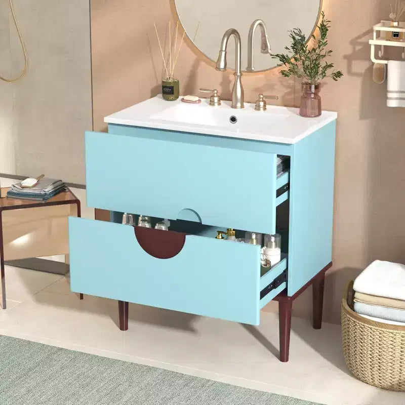 Mobile Bagno 75 cm con Lavabo in Ceramica e Cassetti Contenitore – Blu