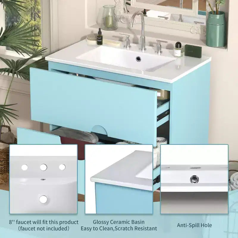 Mobile Bagno 75 cm con Lavabo in Ceramica e Cassetti Contenitore – Blu