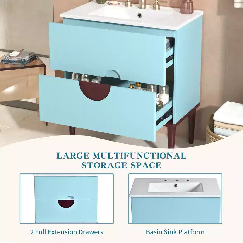 Mobile Bagno 75 cm con Lavabo in Ceramica e Cassetti Contenitore – Blu