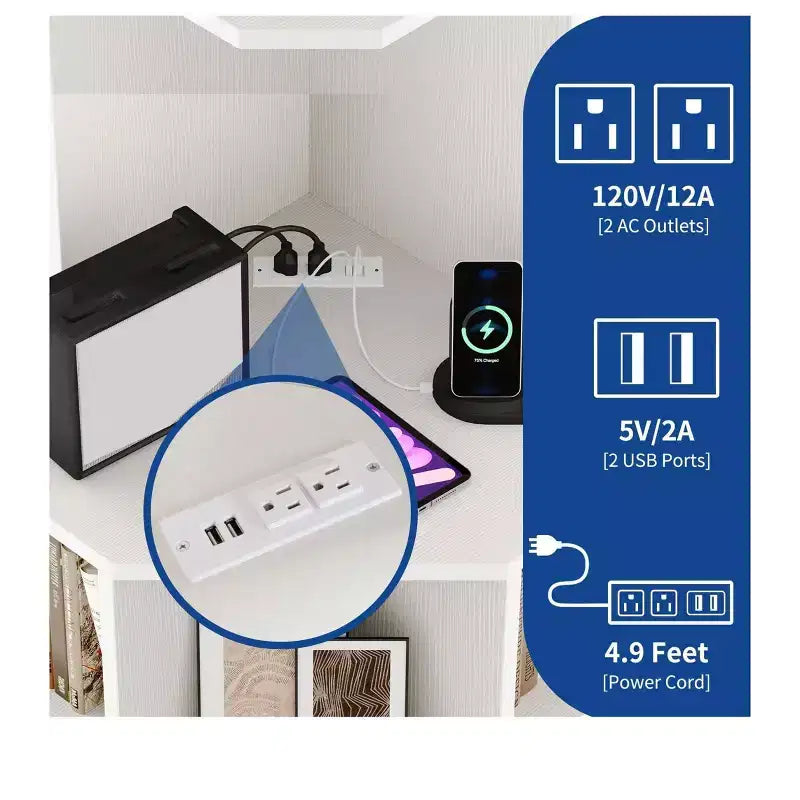 Libreria angolare a 6 ripiani con stazione di ricarica USB e prese di corrente