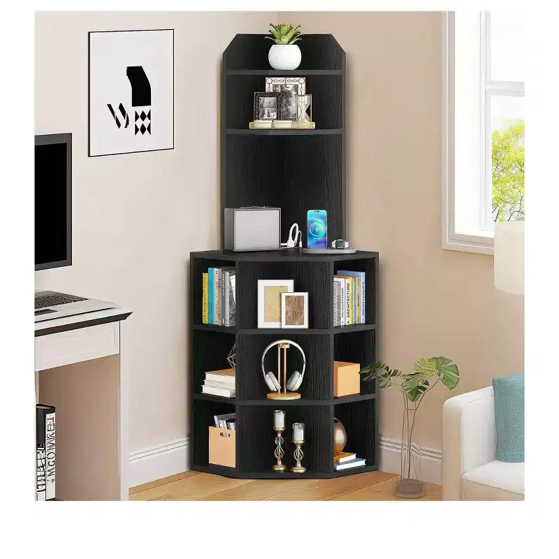 6 Tier Corner Bookshelf Office Display Cubby Industrial Corner Storage Cabinet Rack with USB Charging Station & Power Outlets Charging Station