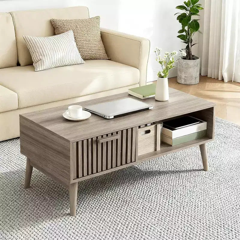 Tavolino da Caffè Mid-Century con Cassetto Contenitore e Ripiano Aperto