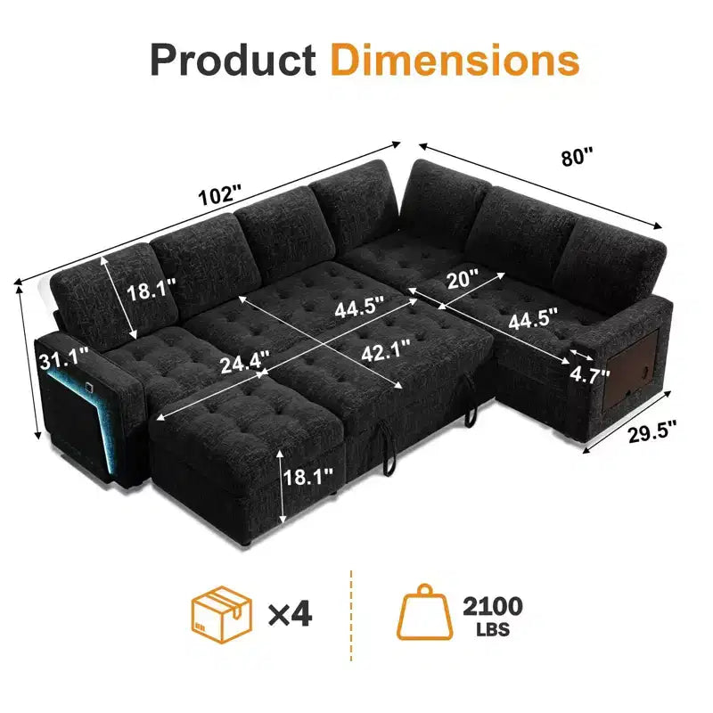Divano letto componibile a L a 7 posti con letto estraibile, schienali reclinabili, porte USB, luce LED e pouf contenitore