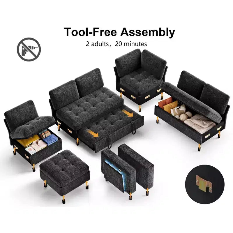 Divano letto componibile a L a 7 posti con letto estraibile, schienali reclinabili, porte USB, luce LED e pouf contenitore