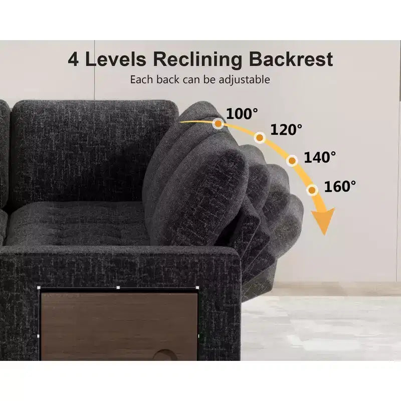 Divano letto componibile a L a 7 posti con letto estraibile, schienali reclinabili, porte USB, luce LED e pouf contenitore