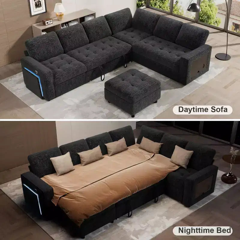 Divano letto componibile a L a 7 posti con letto estraibile, schienali reclinabili, porte USB, luce LED e pouf contenitore