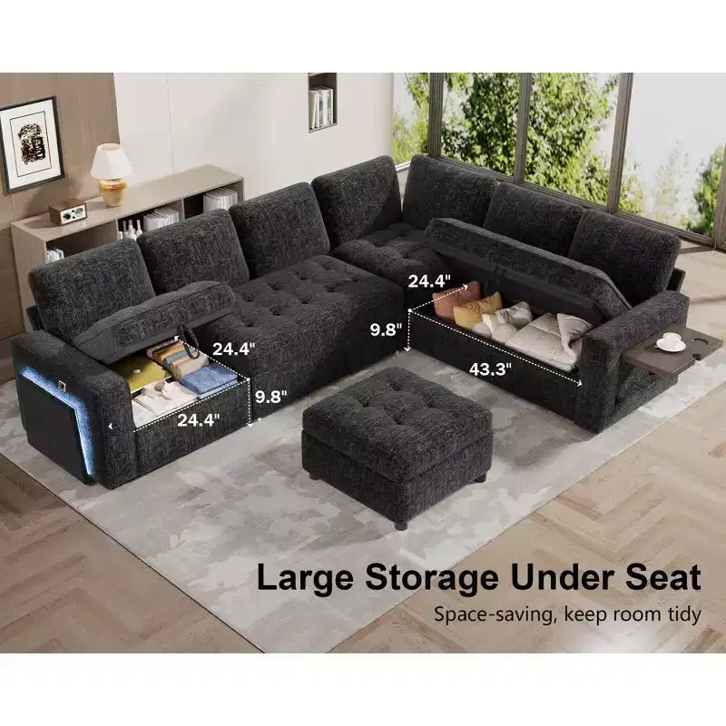 Divano letto componibile a L a 7 posti con letto estraibile, schienali reclinabili, porte USB, luce LED e pouf contenitore