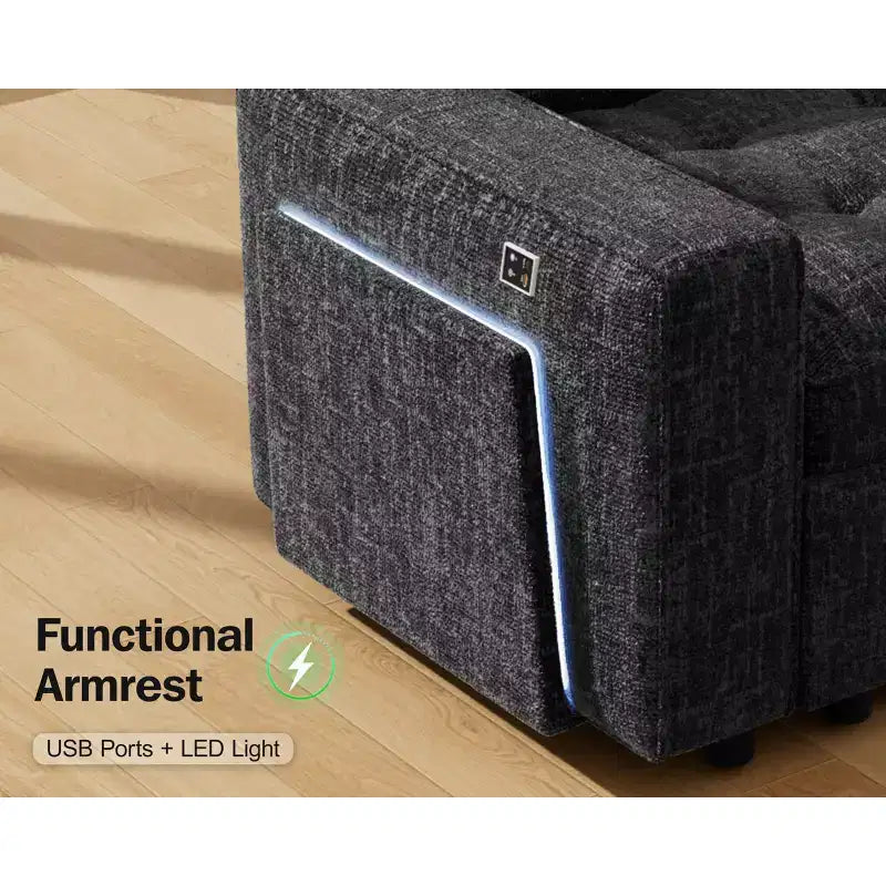 Divano letto componibile a L a 7 posti con letto estraibile, schienali reclinabili, porte USB, luce LED e pouf contenitore