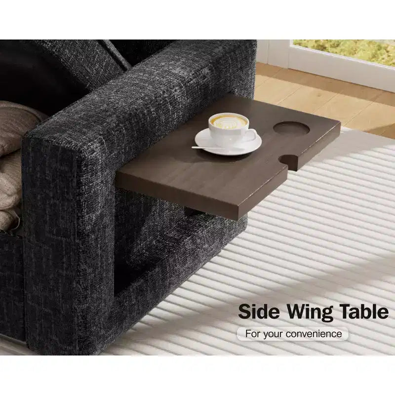 Divano letto componibile a L a 7 posti con letto estraibile, schienali reclinabili, porte USB, luce LED e pouf contenitore
