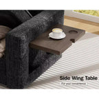 Divano letto componibile a L a 7 posti con letto estraibile, schienali reclinabili, porte USB, luce LED e pouf contenitore