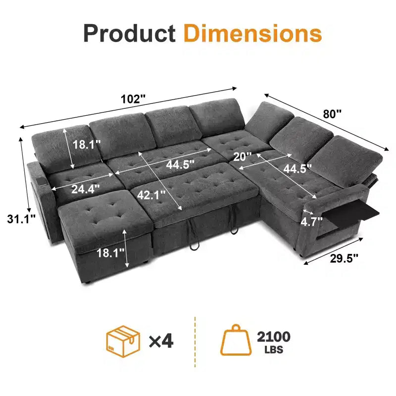 Divano letto componibile a L a 7 posti con letto estraibile, schienali reclinabili, porte USB, luce LED e pouf contenitore