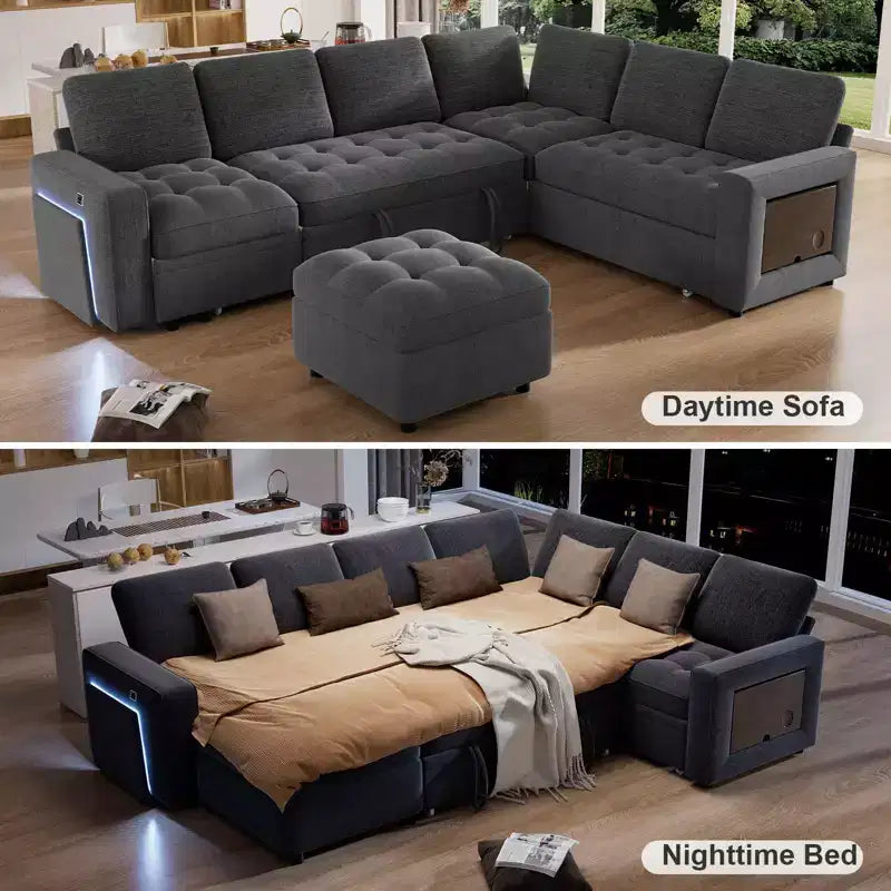Divano letto componibile a L a 7 posti con letto estraibile, schienali reclinabili, porte USB, luce LED e pouf contenitore