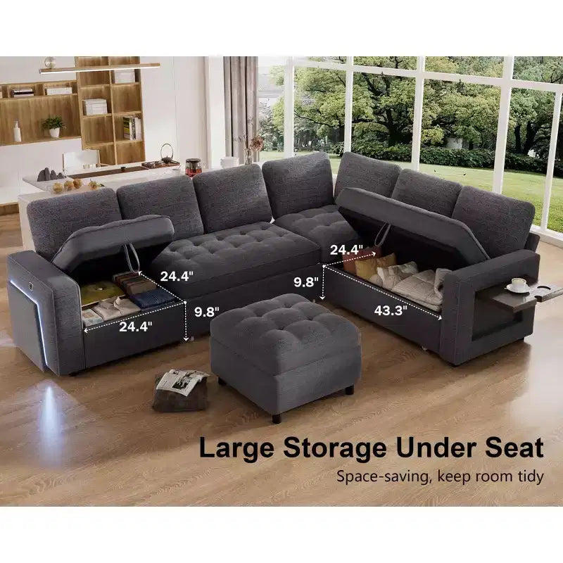 Divano letto componibile a L a 7 posti con letto estraibile, schienali reclinabili, porte USB, luce LED e pouf contenitore