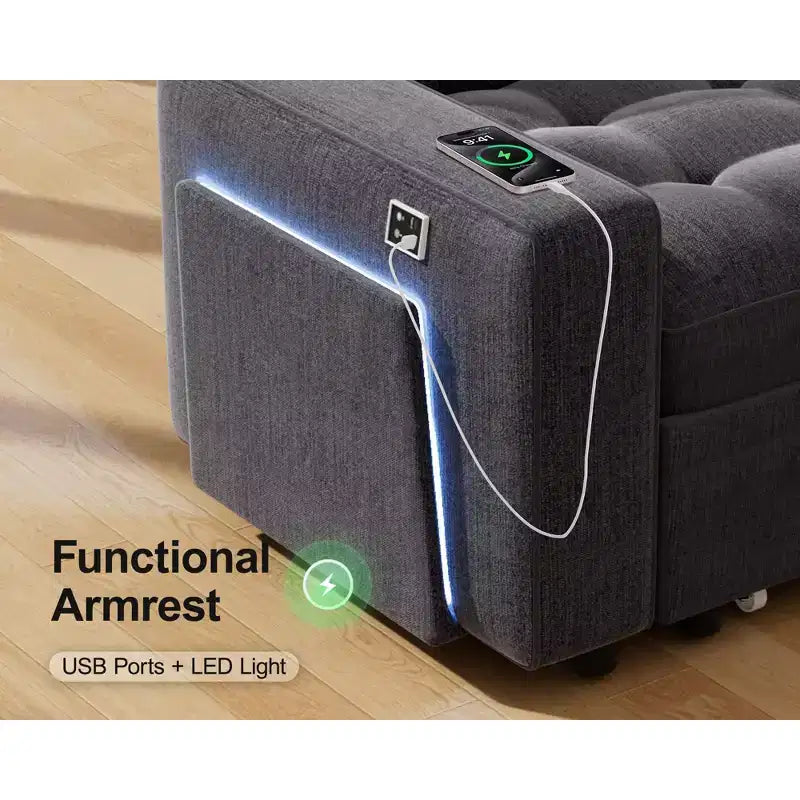 Divano letto componibile a L a 7 posti con letto estraibile, schienali reclinabili, porte USB, luce LED e pouf contenitore