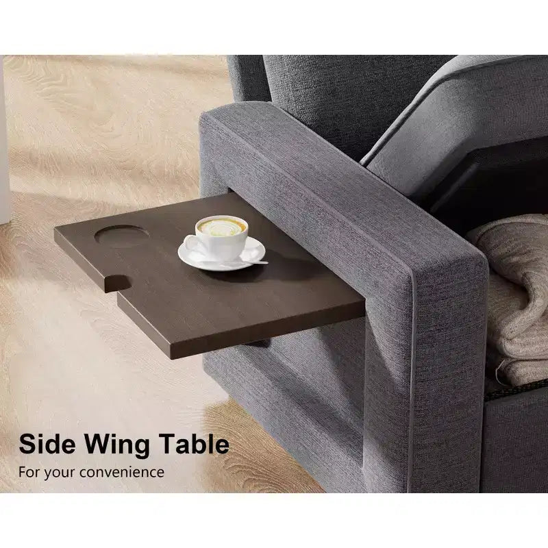 Divano letto componibile a L a 7 posti con letto estraibile, schienali reclinabili, porte USB, luce LED e pouf contenitore