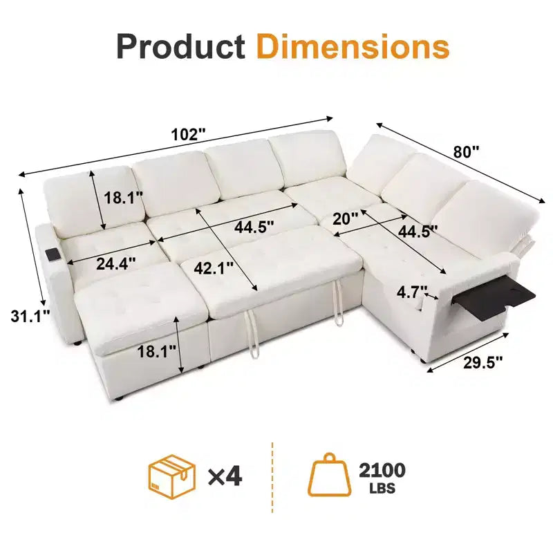 Divano letto componibile a L a 7 posti con letto estraibile, schienali reclinabili, porte USB, luce LED e pouf contenitore