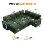 Divano letto componibile a L a 7 posti con letto estraibile, schienali reclinabili, porte USB, luce LED e pouf contenitore