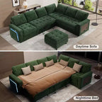 Divano letto componibile a L a 7 posti con letto estraibile, schienali reclinabili, porte USB, luce LED e pouf contenitore