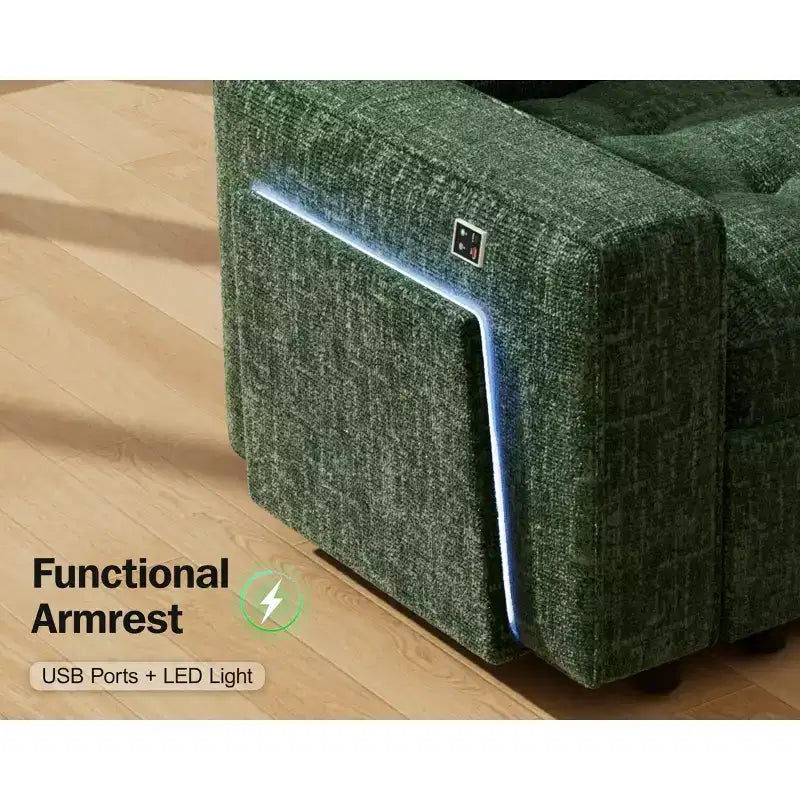 Divano letto componibile a L a 7 posti con letto estraibile, schienali reclinabili, porte USB, luce LED e pouf contenitore