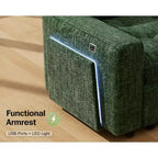 Divano letto componibile a L a 7 posti con letto estraibile, schienali reclinabili, porte USB, luce LED e pouf contenitore