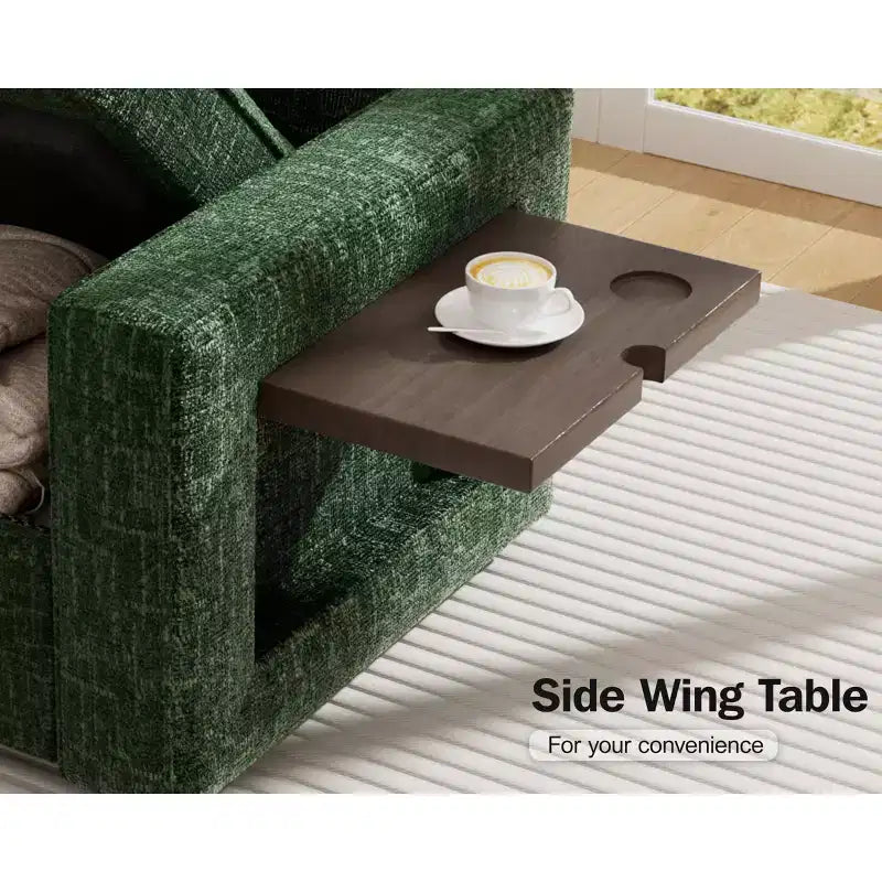 Divano letto componibile a L a 7 posti con letto estraibile, schienali reclinabili, porte USB, luce LED e pouf contenitore