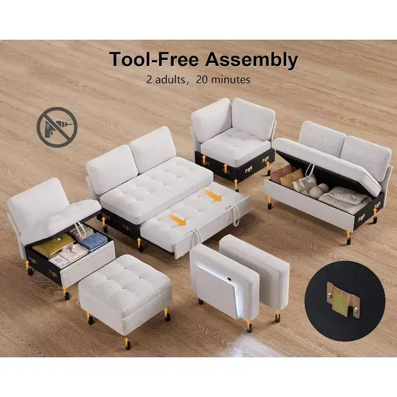 Divano letto componibile a L a 7 posti con letto estraibile, schienali reclinabili, porte USB, luce LED e pouf contenitore