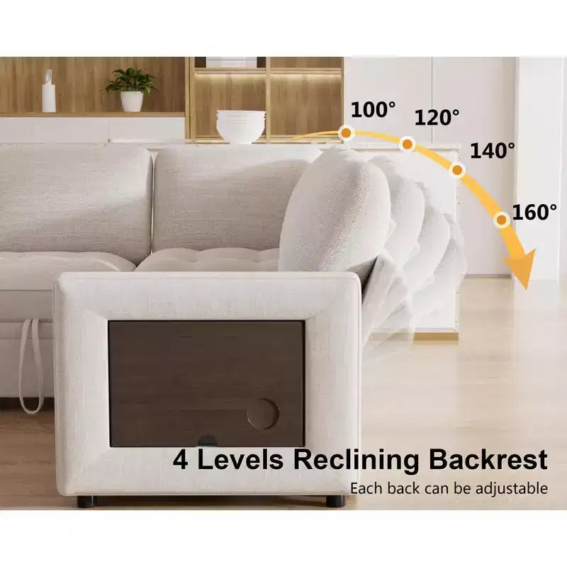 Divano letto componibile a L a 7 posti con letto estraibile, schienali reclinabili, porte USB, luce LED e pouf contenitore