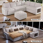 Divano letto componibile a L a 7 posti con letto estraibile, schienali reclinabili, porte USB, luce LED e pouf contenitore