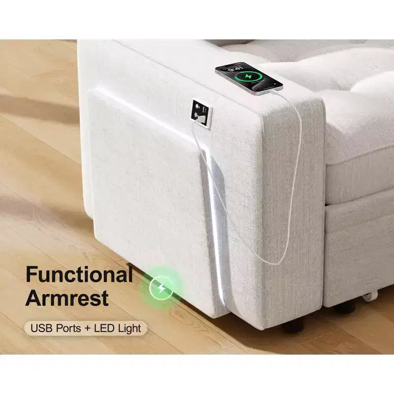 Divano letto componibile a L a 7 posti con letto estraibile, schienali reclinabili, porte USB, luce LED e pouf contenitore