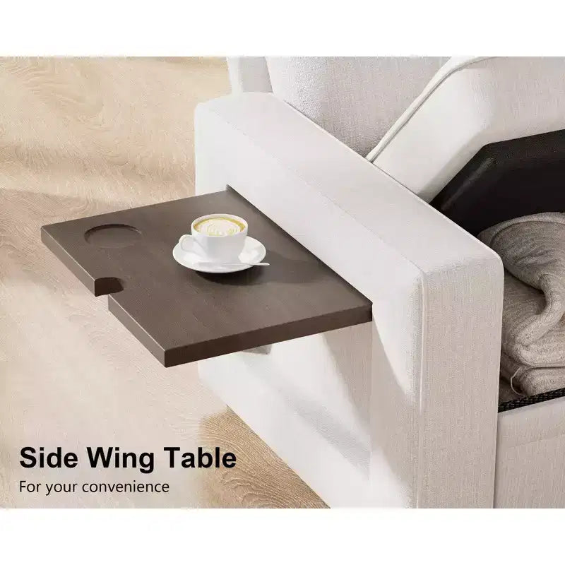 Divano letto componibile a L a 7 posti con letto estraibile, schienali reclinabili, porte USB, luce LED e pouf contenitore