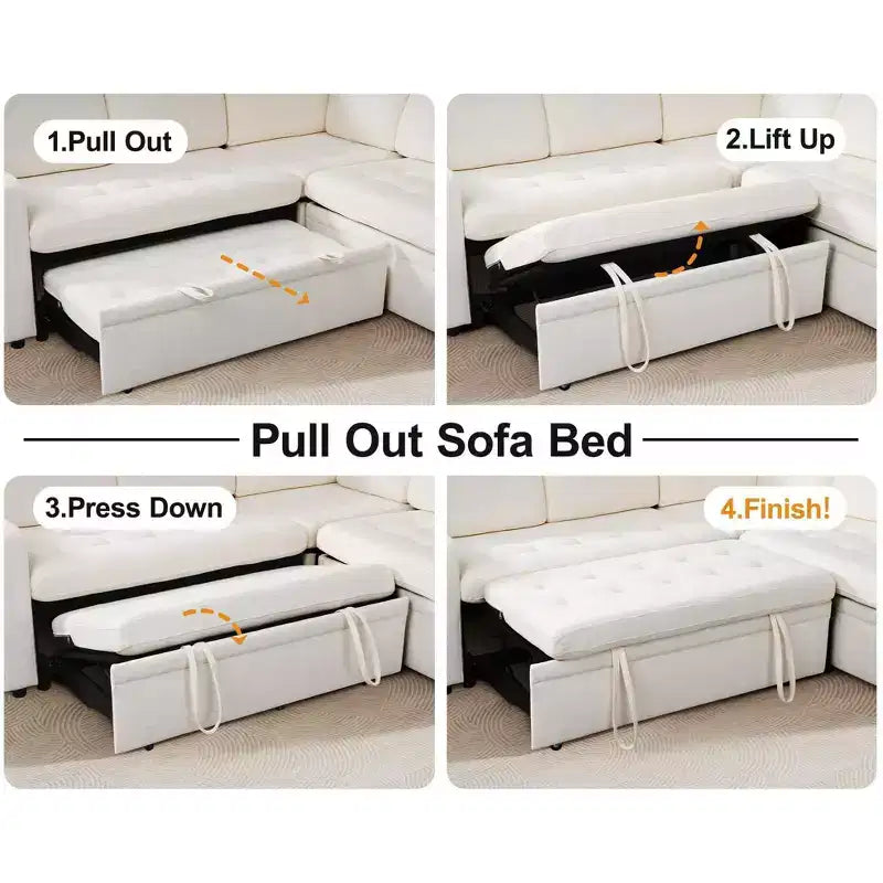 Divano letto componibile a L a 7 posti con letto estraibile, schienali reclinabili, porte USB, luce LED e pouf contenitore