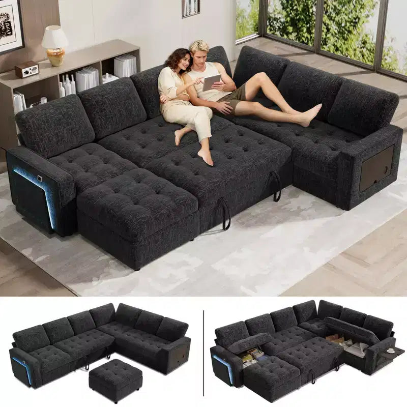 Divano letto componibile a L a 7 posti con letto estraibile, schienali reclinabili, porte USB, luce LED e pouf contenitore