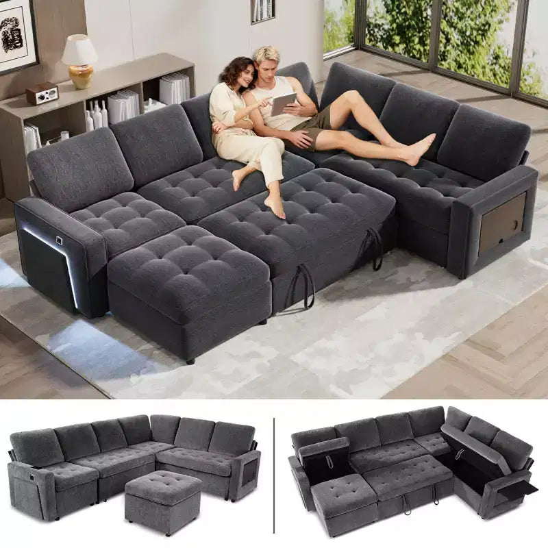 Divano letto componibile a L a 7 posti con letto estraibile, schienali reclinabili, porte USB, luce LED e pouf contenitore