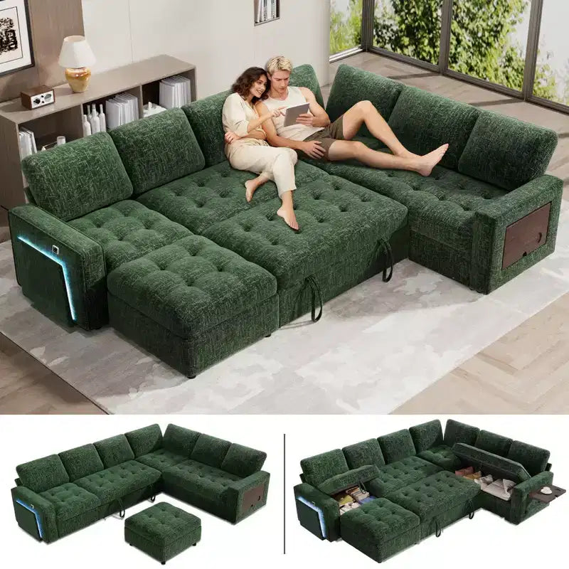 Divano letto componibile a L a 7 posti con letto estraibile, schienali reclinabili, porte USB, luce LED e pouf contenitore