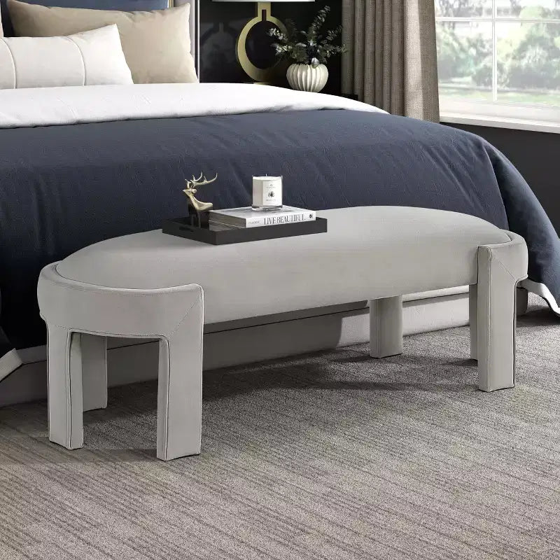 Panca ovale imbottita in velluto con struttura in compensato – Pouf da camera da letto e ingresso