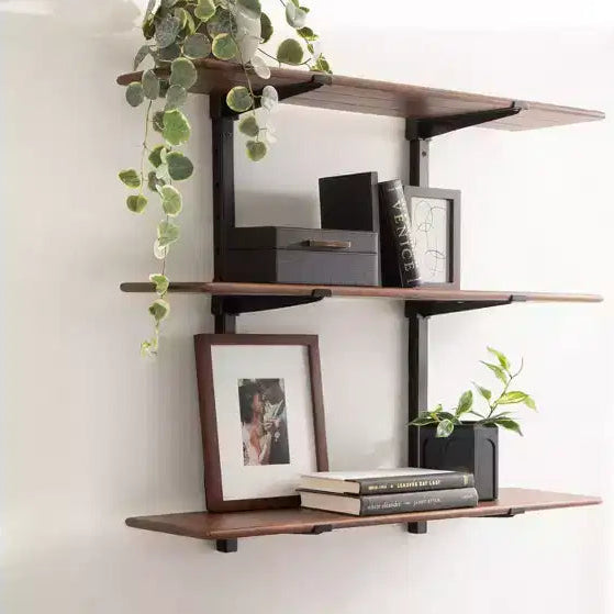 Scaffale a parete regolabile a 3 ripiani con struttura in metallo, nero e noce