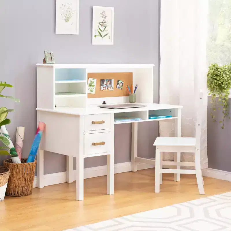 Set Scrivania e Sedia per Bambini con Credenza – Tavolo da Studio in Legno con Cassetti e Ripiani Contenitori