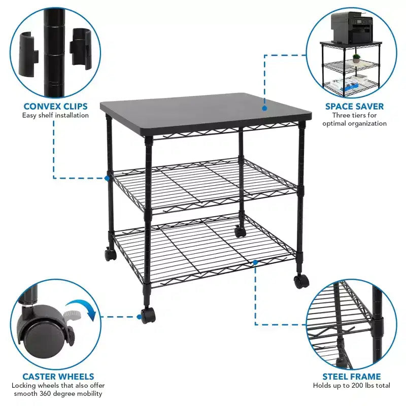 Carrello portastampante a 3 livelli con ruote e ripiani portaoggetti