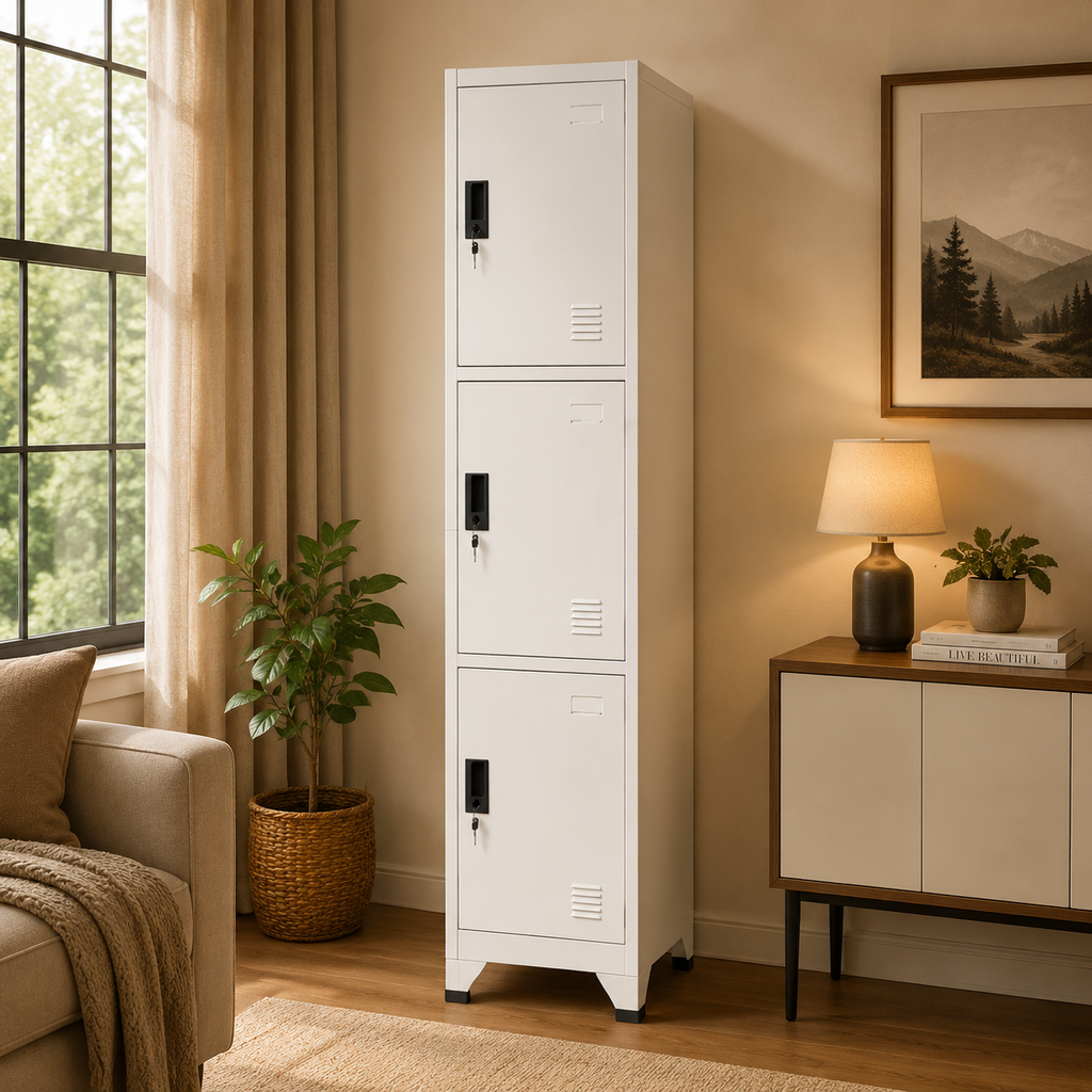 Armadio spogliatoio a 3 ante in acciaio – 180 cm H, bianco opaco